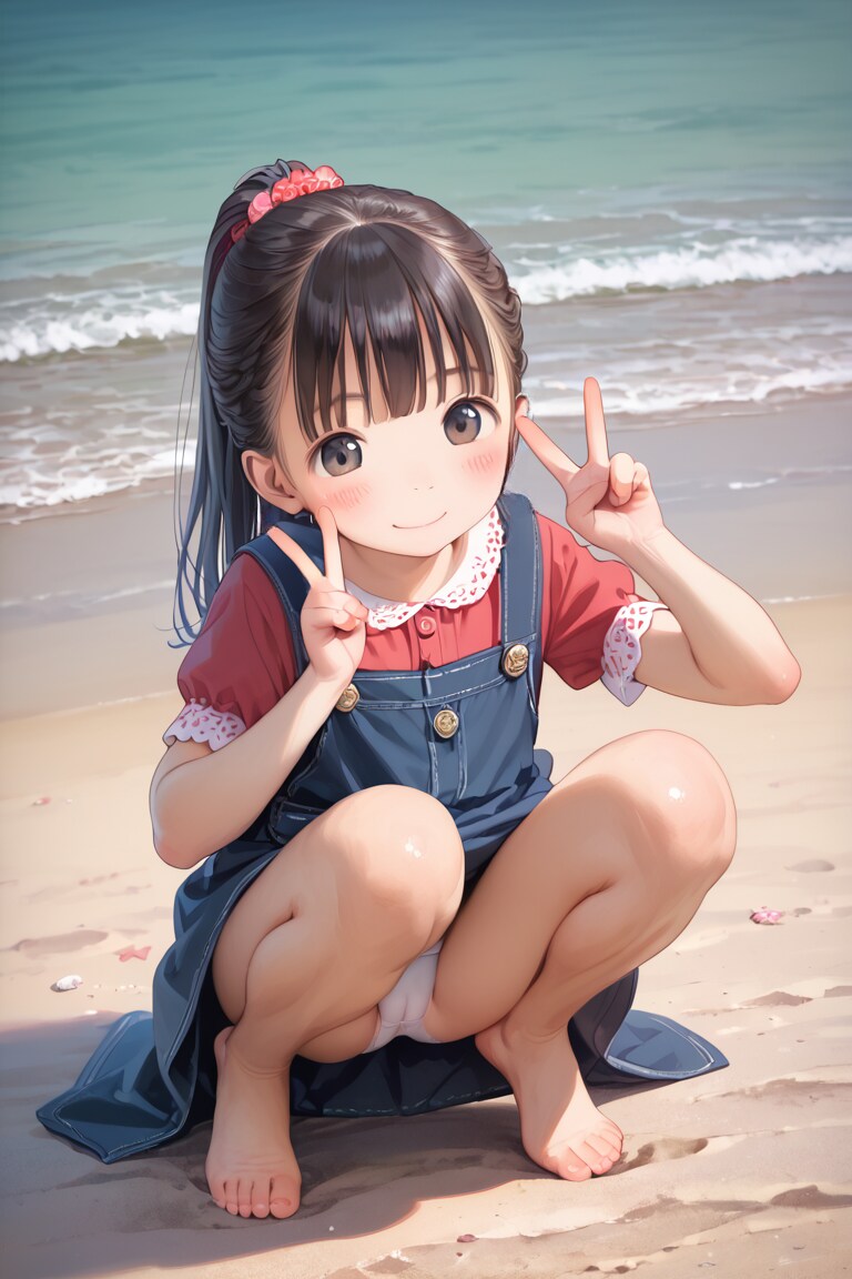 海でジャンスカ〇リ〇リJ〇ちゃんたちがしゃがみパンチラ（6枚）