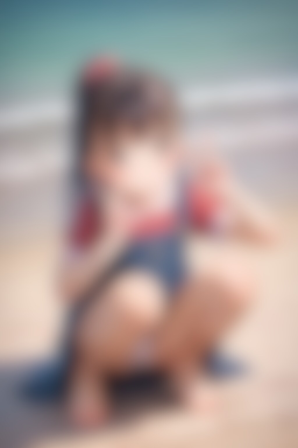 海でジャンスカ〇リ〇リJ〇ちゃんたちがしゃがみパンチラ（6枚）