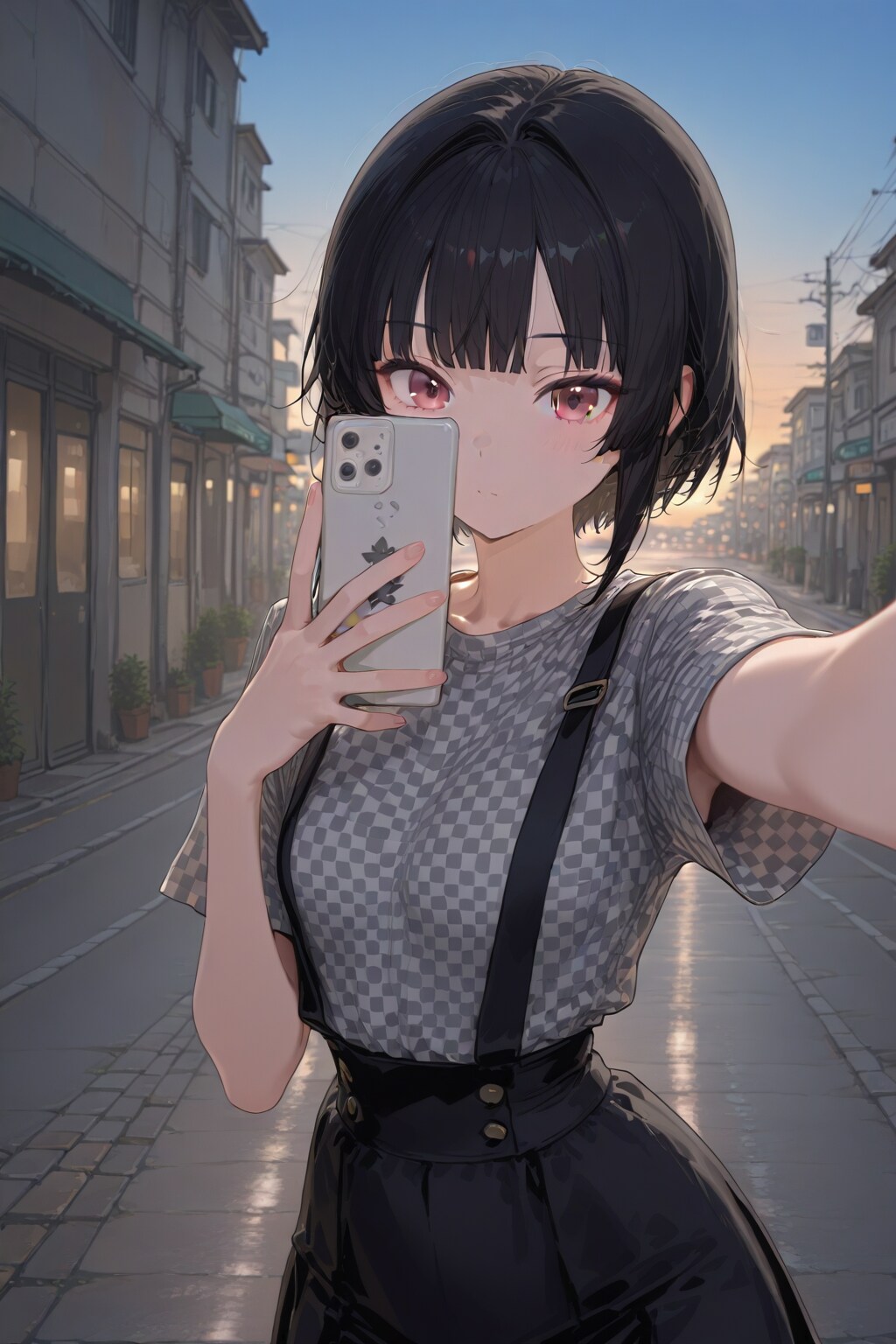 20251116【5枚】チェックのブラウスとサロペットスカートの女性