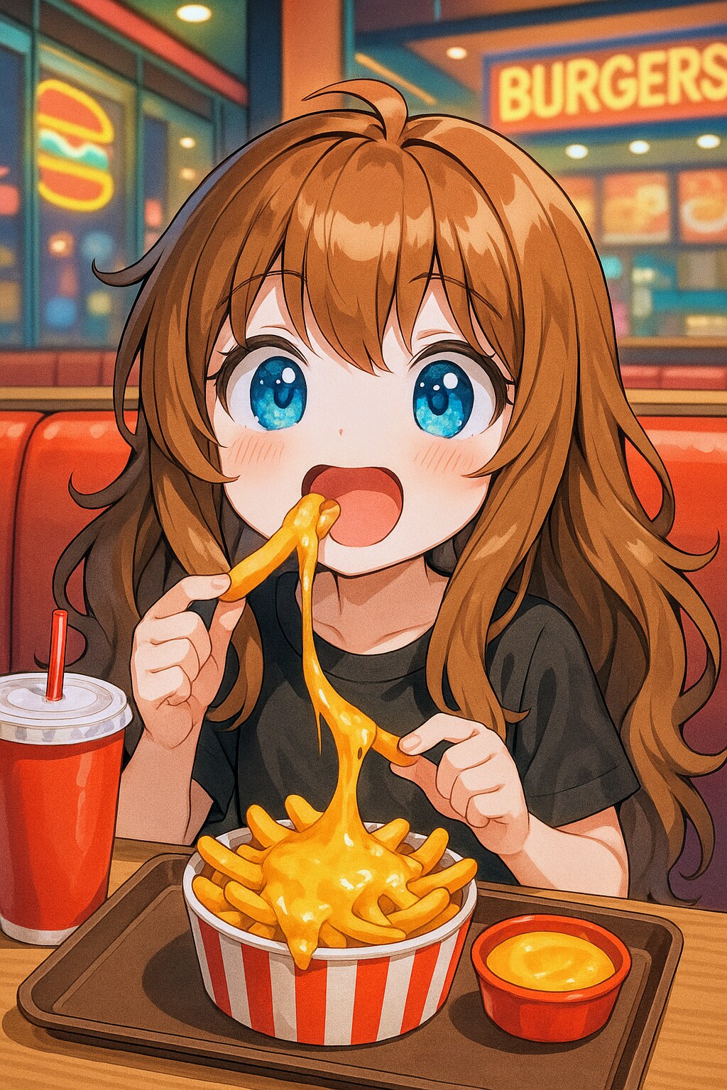 チーズかけポテトを食べる小さな女の子