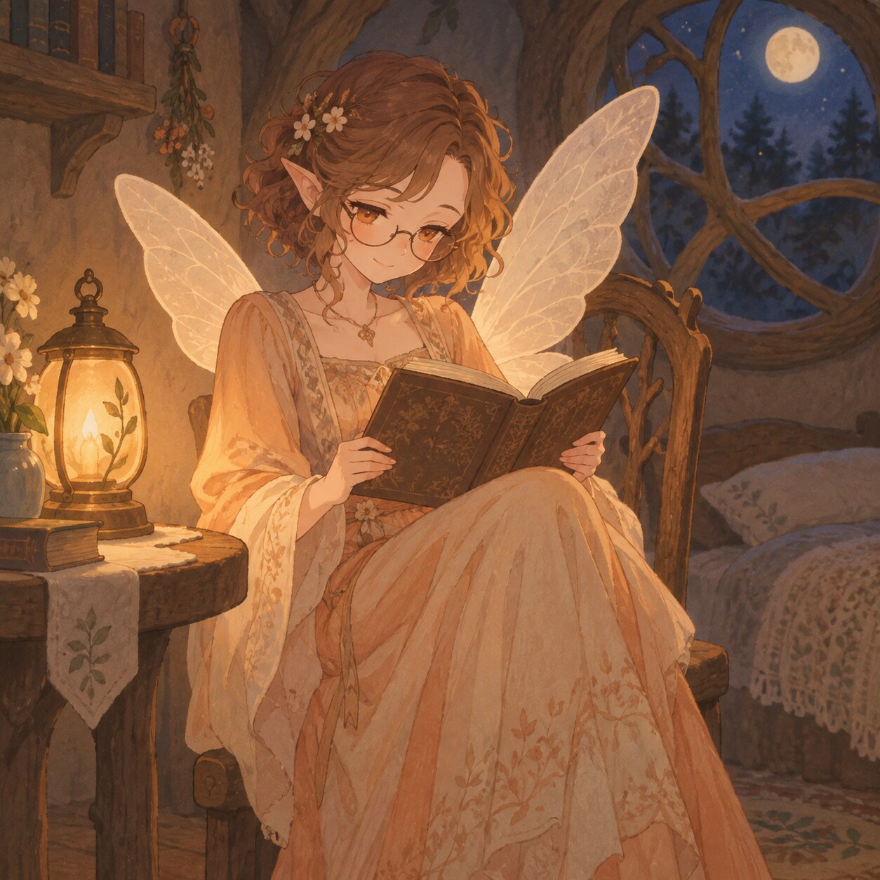 夜、本を読んでいる妖精(タウン)と、物思いに耽っているメイドの妖精(ビレッジ)