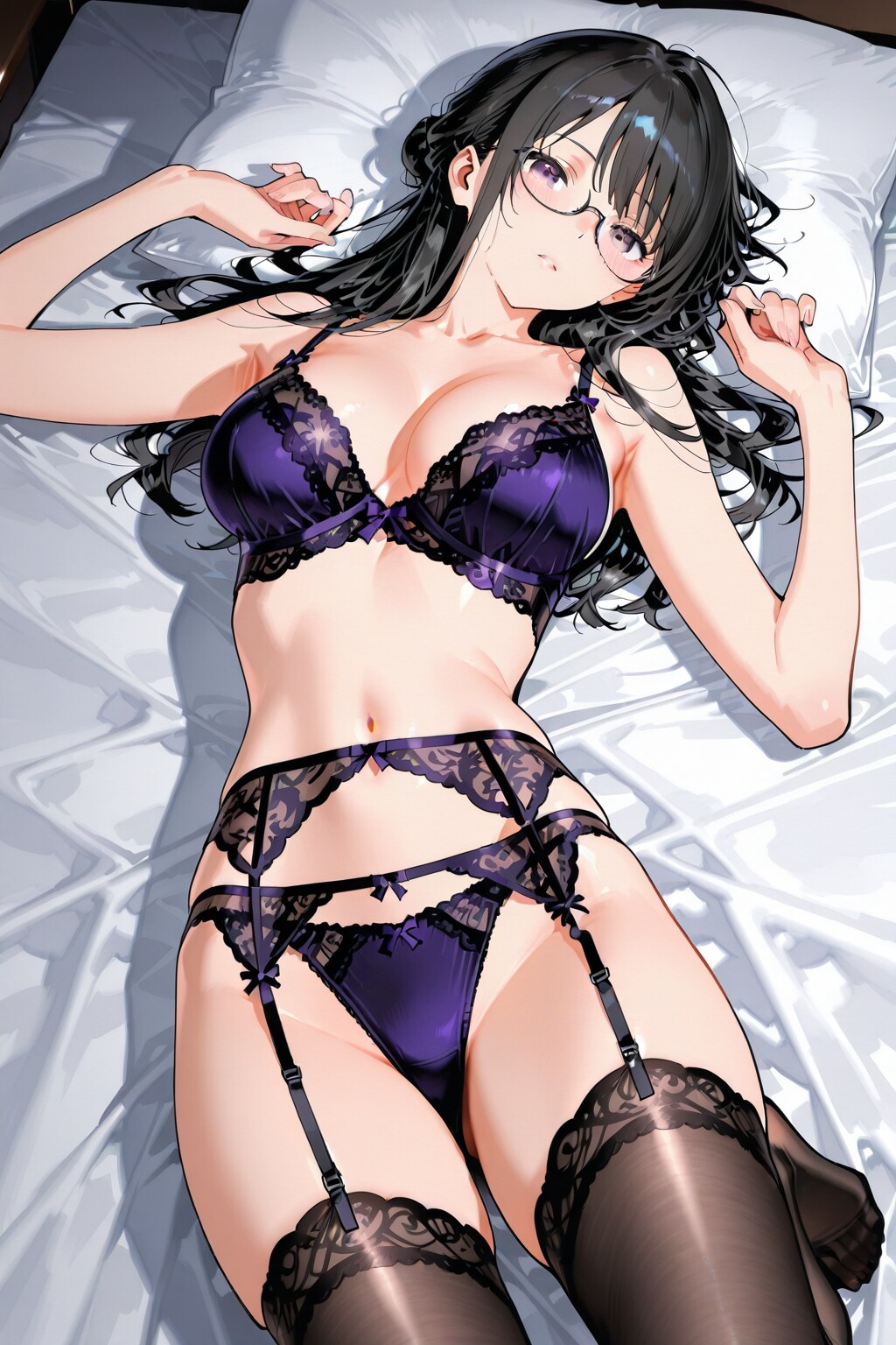 20260110【5枚】ベッドに横たわるランジェリー姿のメガネの女性