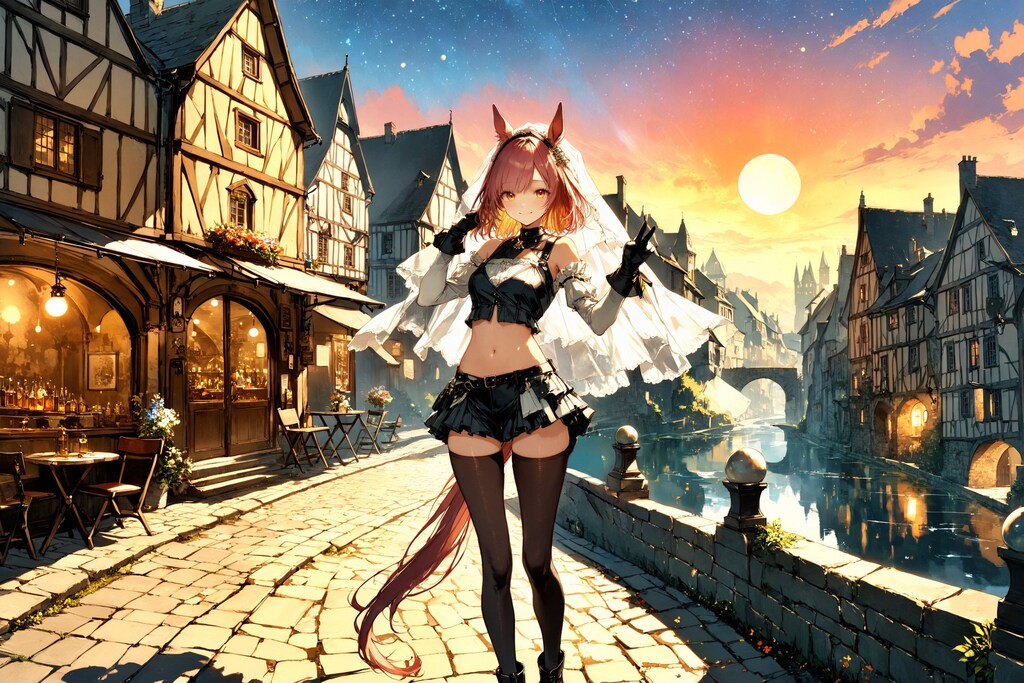 中世の街並みと幻想的な夕暮れとケモミミちゃんピース【全体公開サンプル】