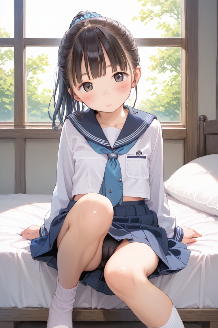 セーラー服〇リJ〇ちゃんたちがベッドで座りパンチラ（6枚）