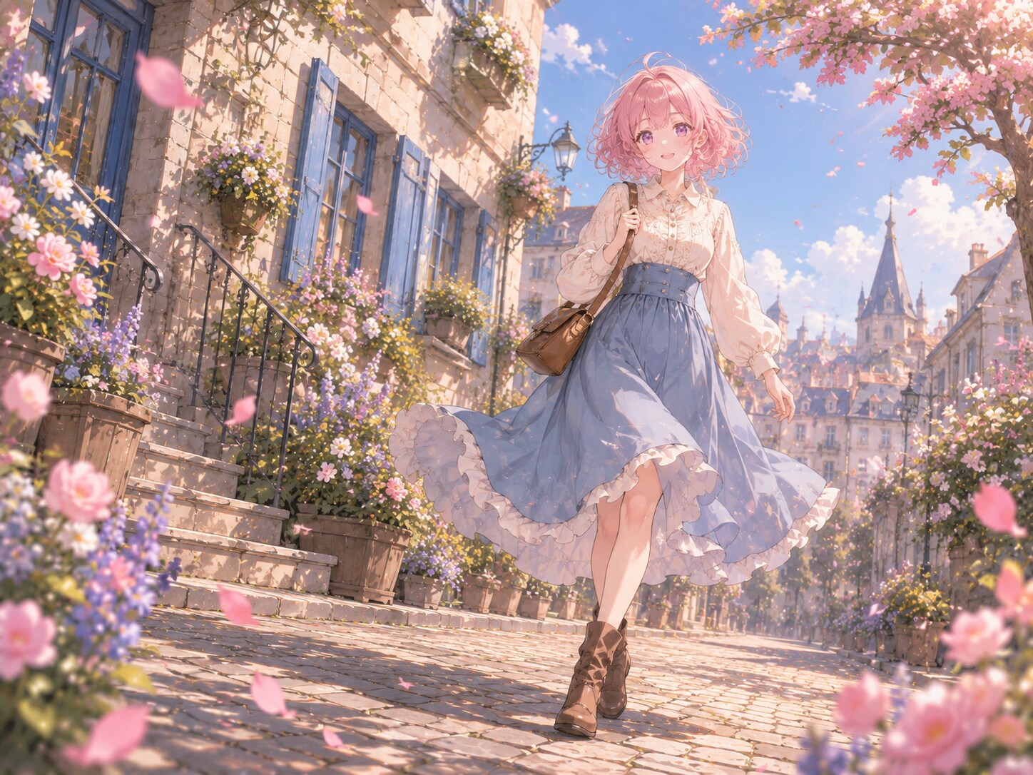 春の街角を歩く少女