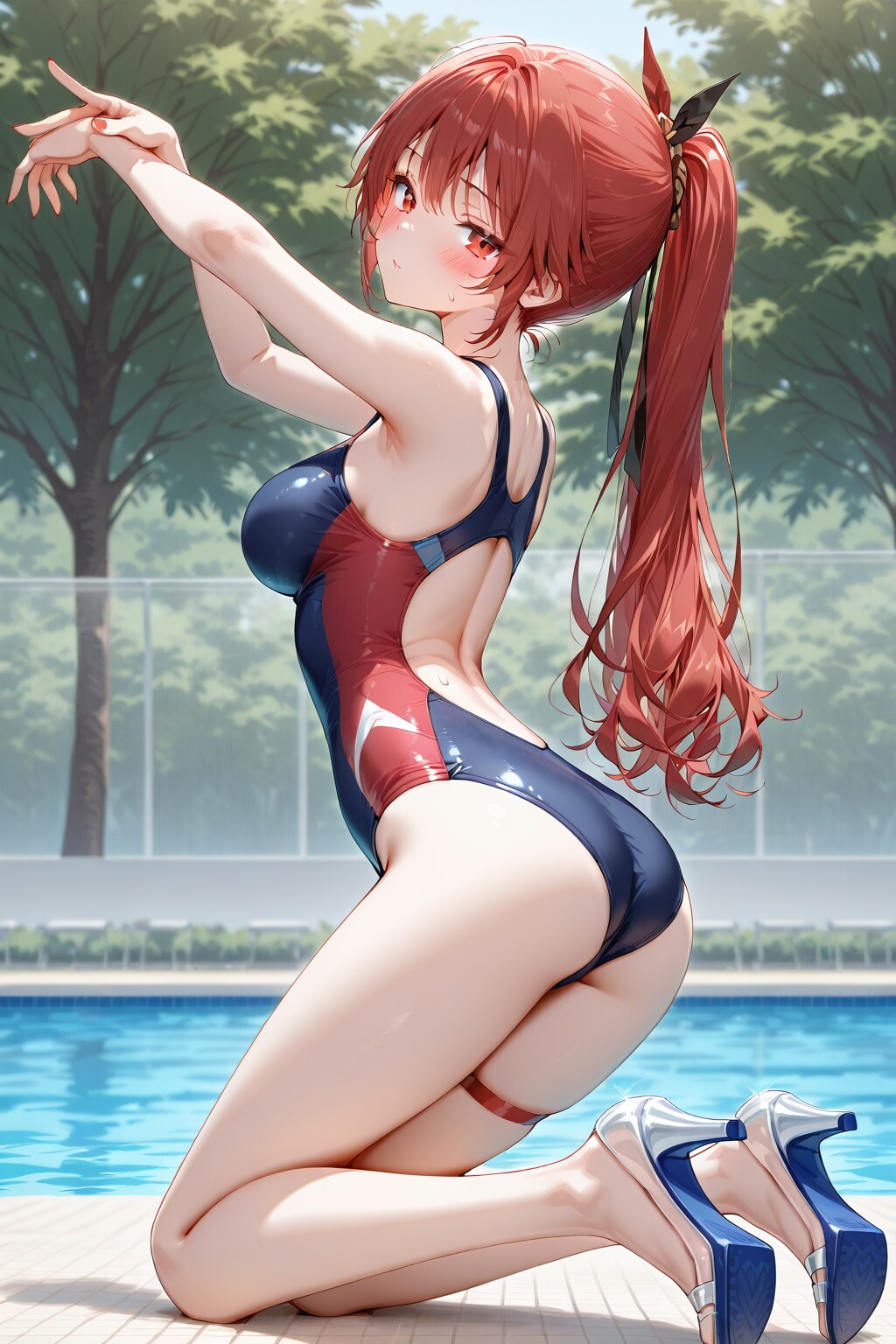 【3枚】紺と赤のハイレグ競泳水着の女性20251102