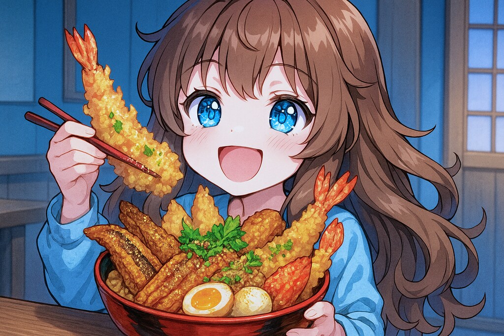 特上天丼を食べる小さな女の子