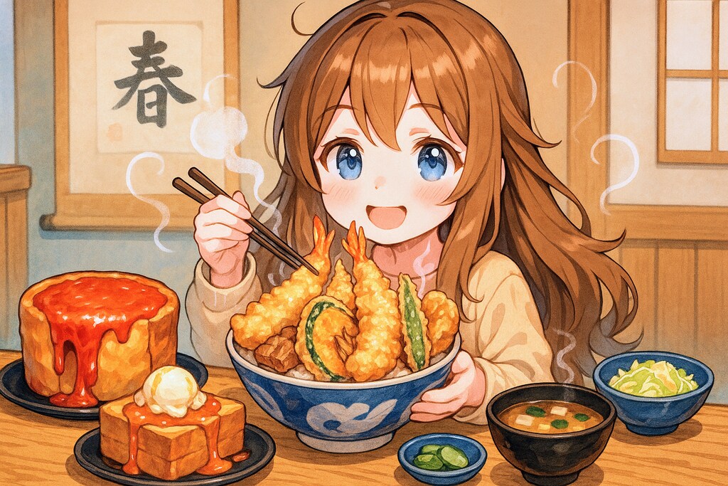 特上天丼を食べる小さな女の子