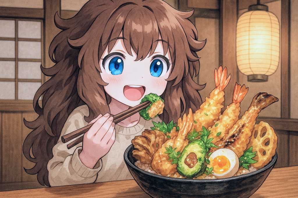 特上天丼を食べる小さな女の子