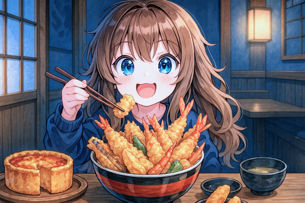 特上天丼を食べる小さな女の子