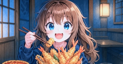 特上天丼を食べる小さな女の子