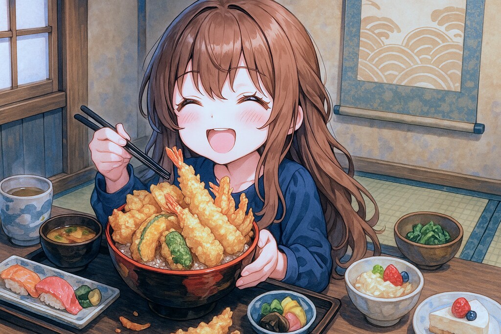 特上天丼を食べる小さな女の子