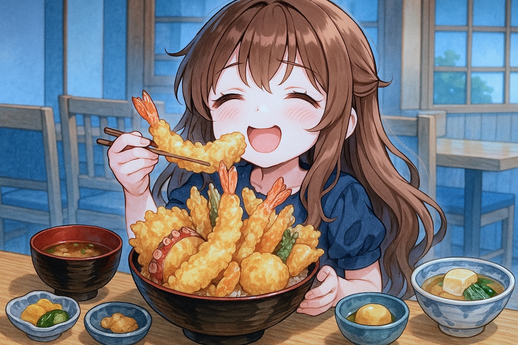 特上天丼を食べる小さな女の子