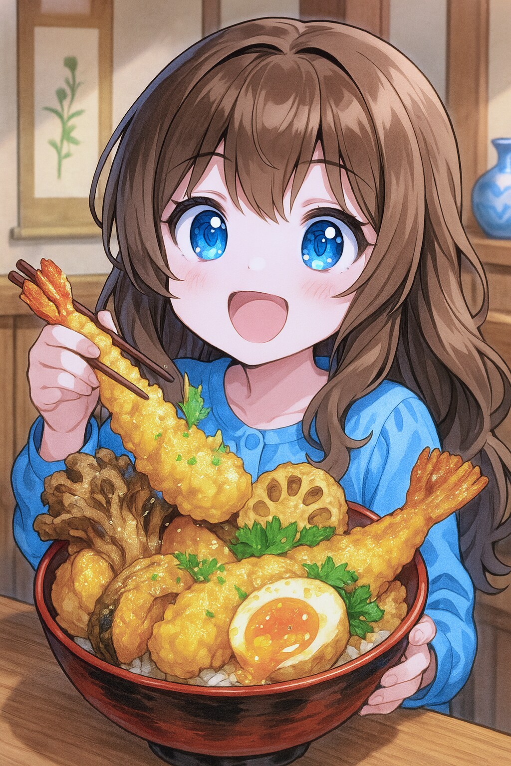 特上天丼を食べる小さな女の子