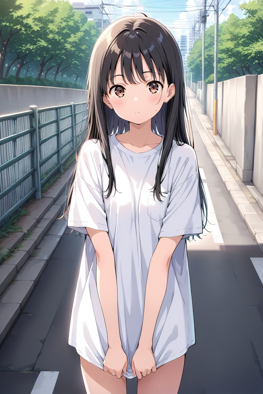 20251204【5枚】屋外のフェンス越しに立つTシャツ姿の黒髪の女性