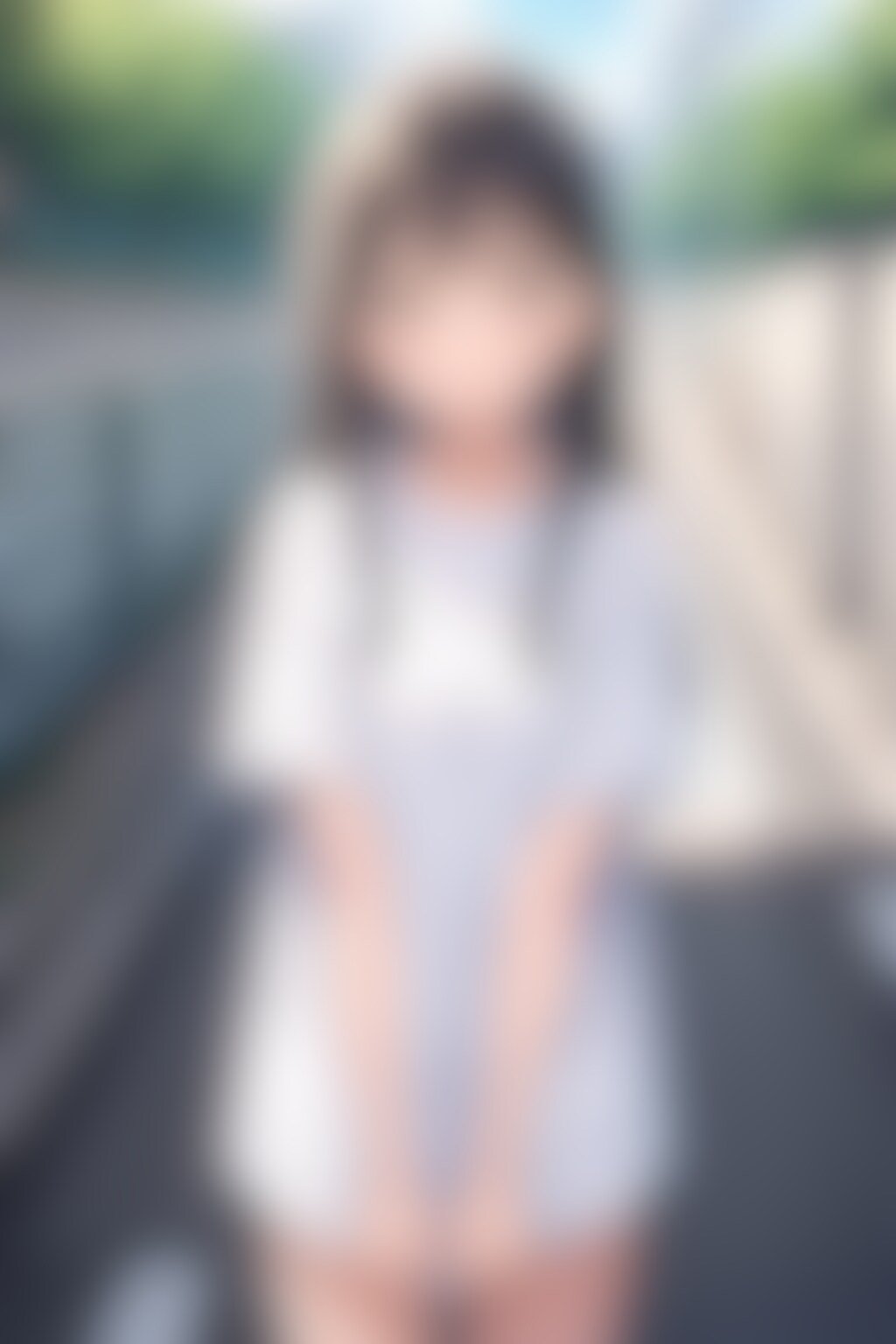 20251204【5枚】屋外のフェンス越しに立つTシャツ姿の黒髪の女性