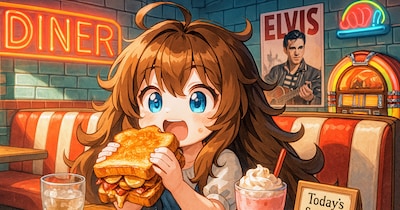 エルヴィスサンドと苺シェイクを食べる小さな女の子