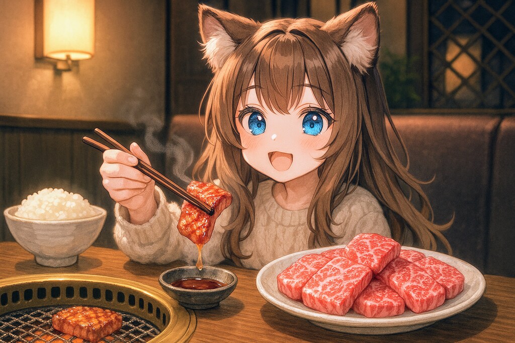 高級焼肉を堪能する小さな女の子