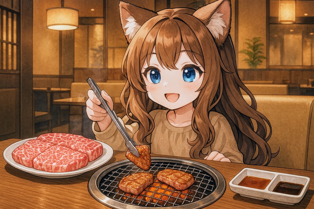高級焼肉を堪能する小さな女の子