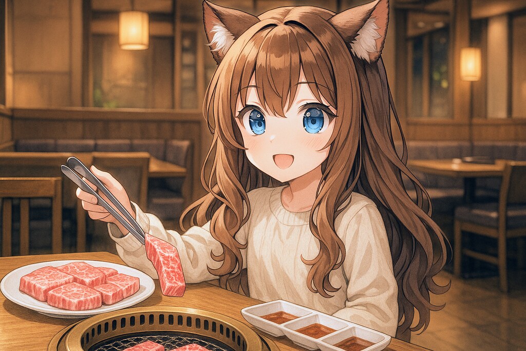 高級焼肉を堪能する小さな女の子