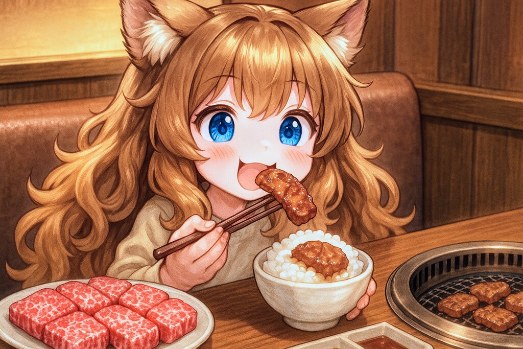 高級焼肉を堪能する小さな女の子