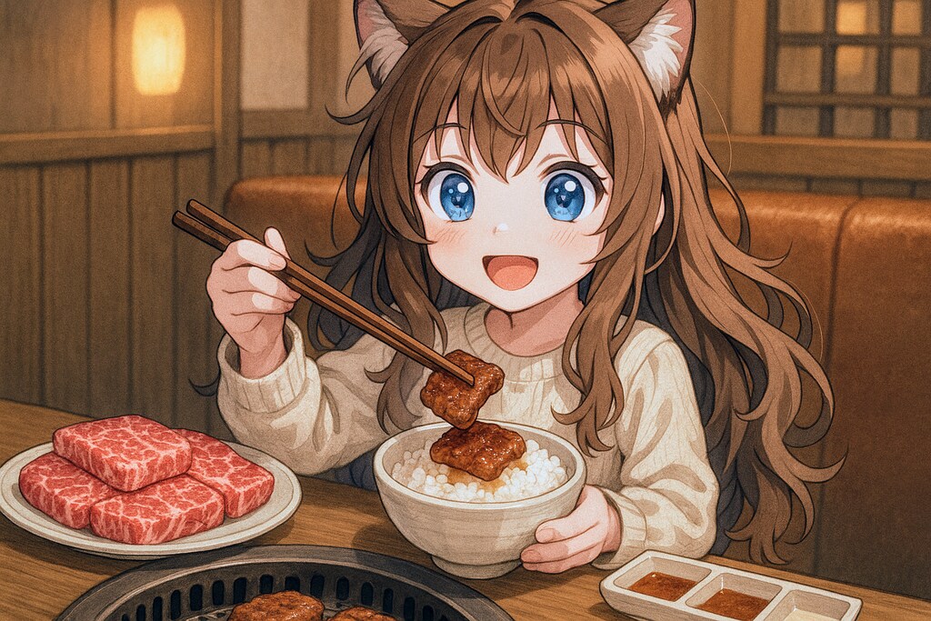 高級焼肉を堪能する小さな女の子