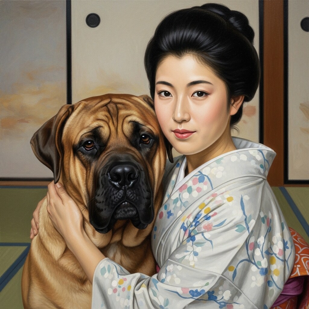 婦人と土佐犬