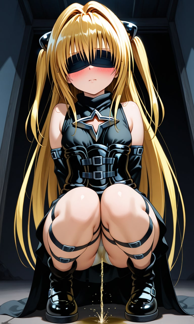 おしっこお漏らしチャレンジ【金色〇闇】(ブラックドレス・目隠し・緊縛)