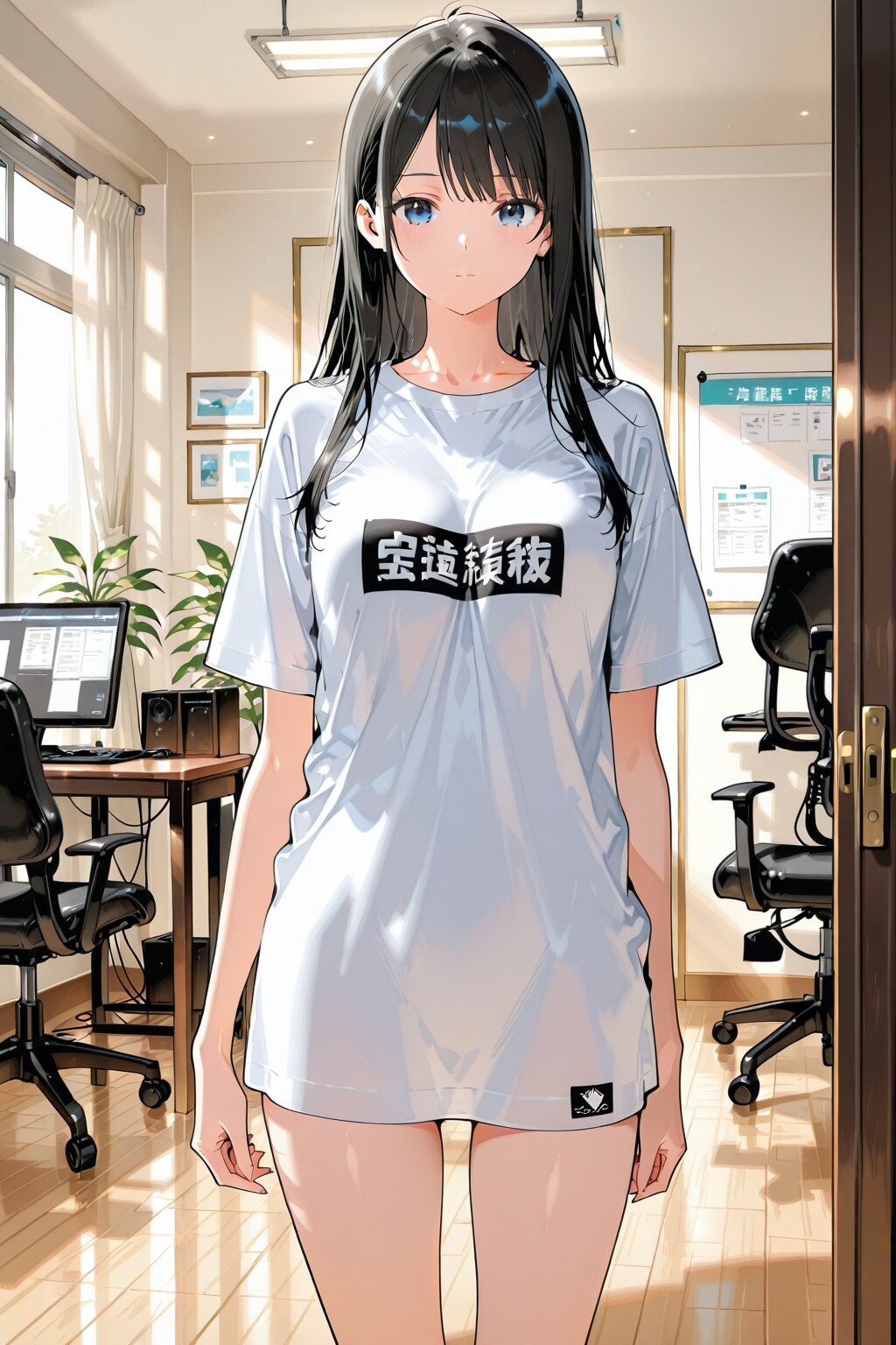 20260108【5枚】スタジオでTシャツ姿でこちらに体を向ける黒髪の女性