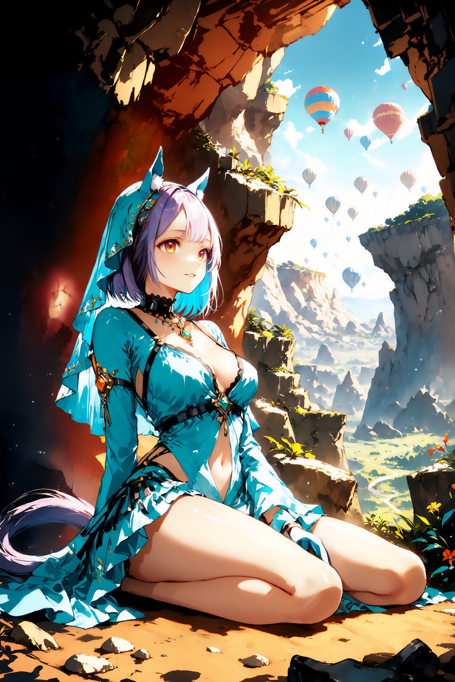 遠くの空に浮かぶ熱気球と断崖の岩場の影でくつろぐケモミミちゃん