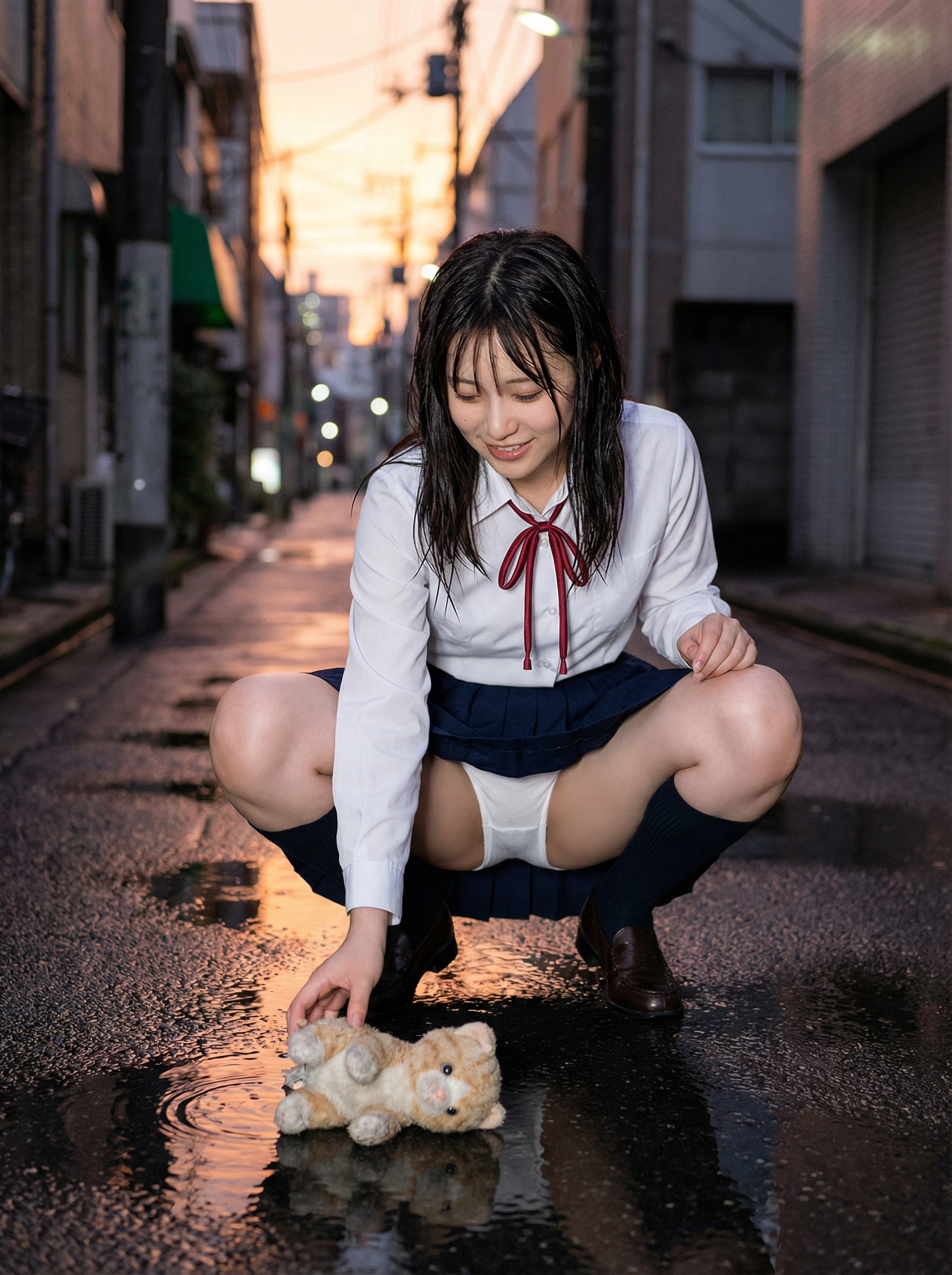 制服女子が水たまり前でパンチラ