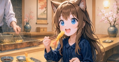 天ぷら割烹で食事をする小さな女の子