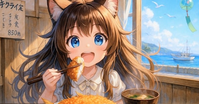 アジフライ定食を食べる小さな女の子