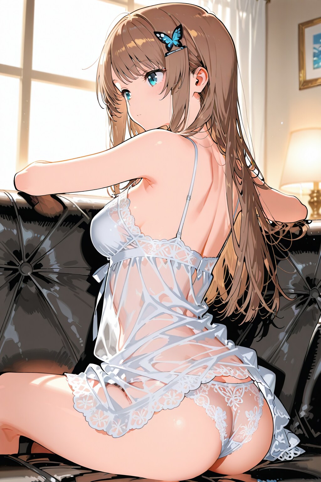 20260119【5枚】黒いソファに座る白いランジェリーの女性の後ろ姿