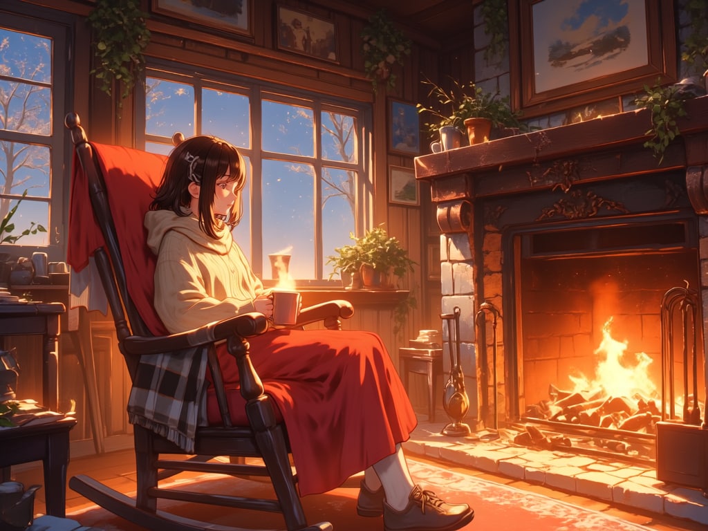 揺れる暖炉の炎とロッキンチェアー【パラパライラスト】