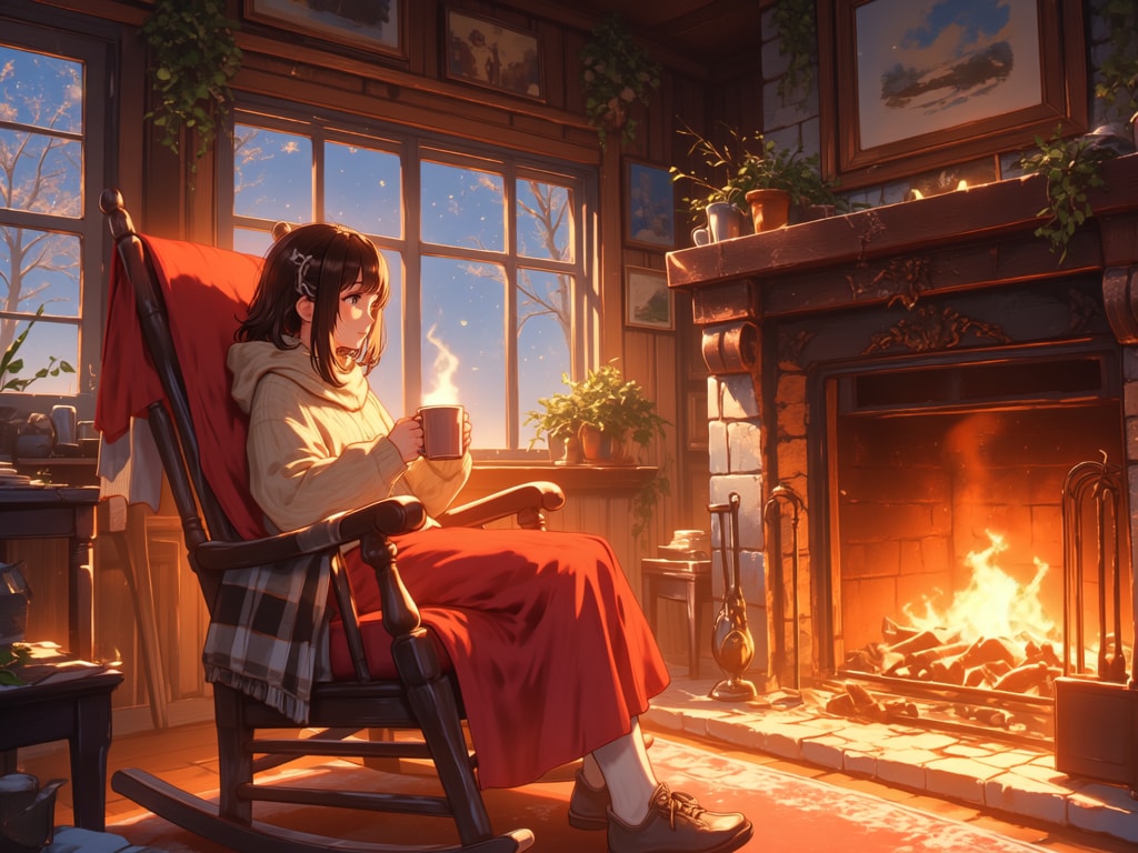 揺れる暖炉の炎とロッキンチェアー【パラパライラスト】