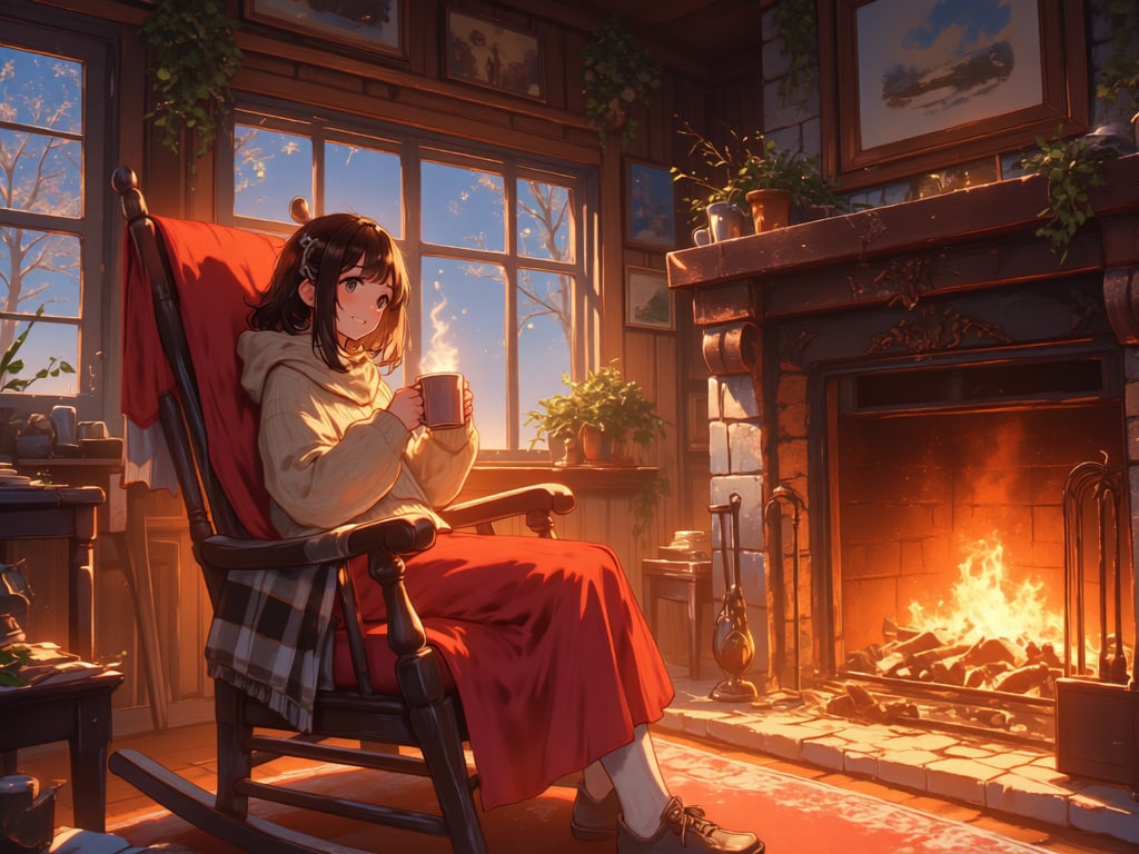 揺れる暖炉の炎とロッキンチェアー【パラパライラスト】