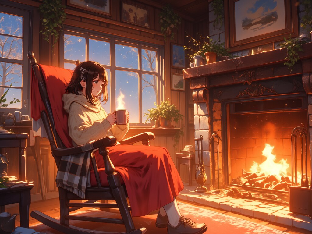 揺れる暖炉の炎とロッキンチェアー【パラパライラスト】