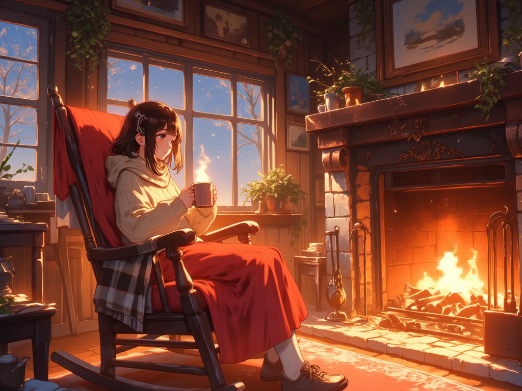 揺れる暖炉の炎とロッキンチェアー【パラパライラスト】