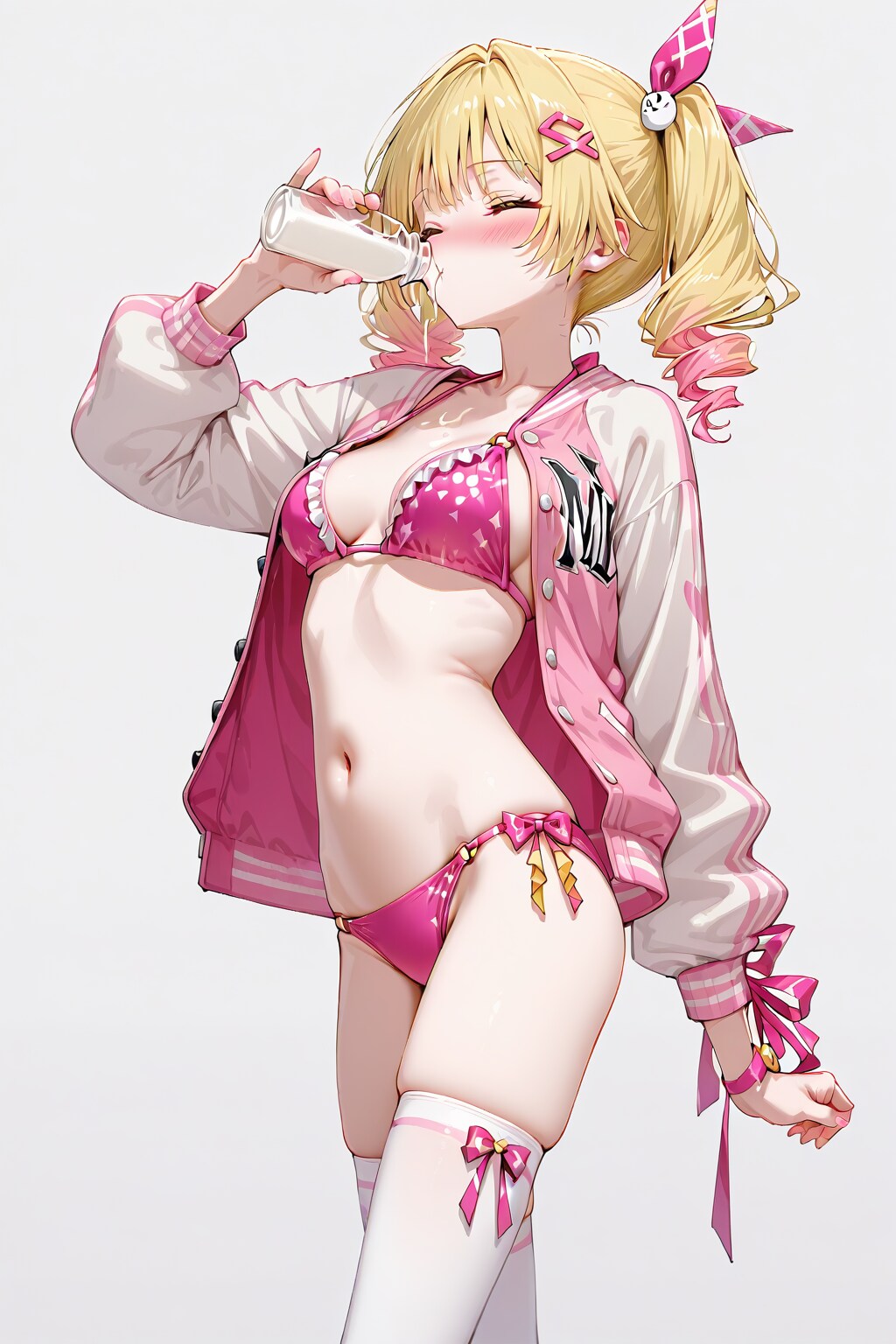 20251105【4枚】ピンクのビキニとスタジャン風カーディガンの女性