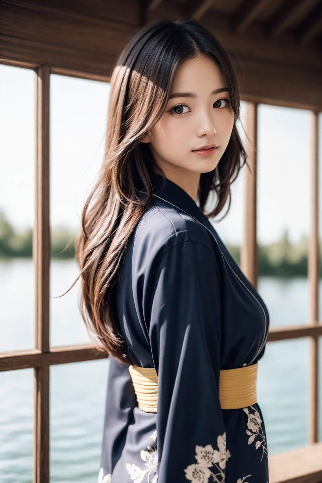 振り返る和装の女性