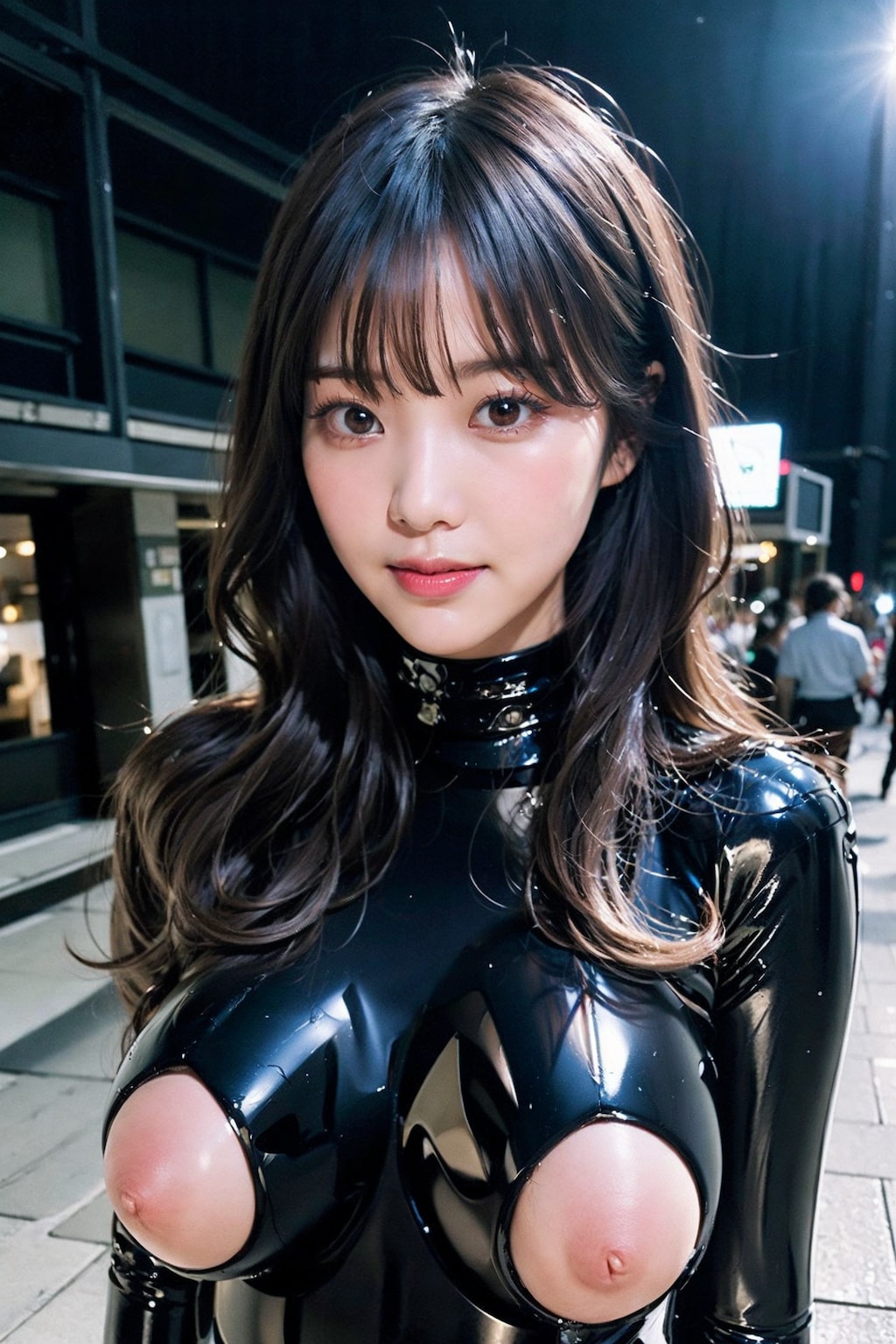 ラテックスボディースーツでポロリ　拡大版