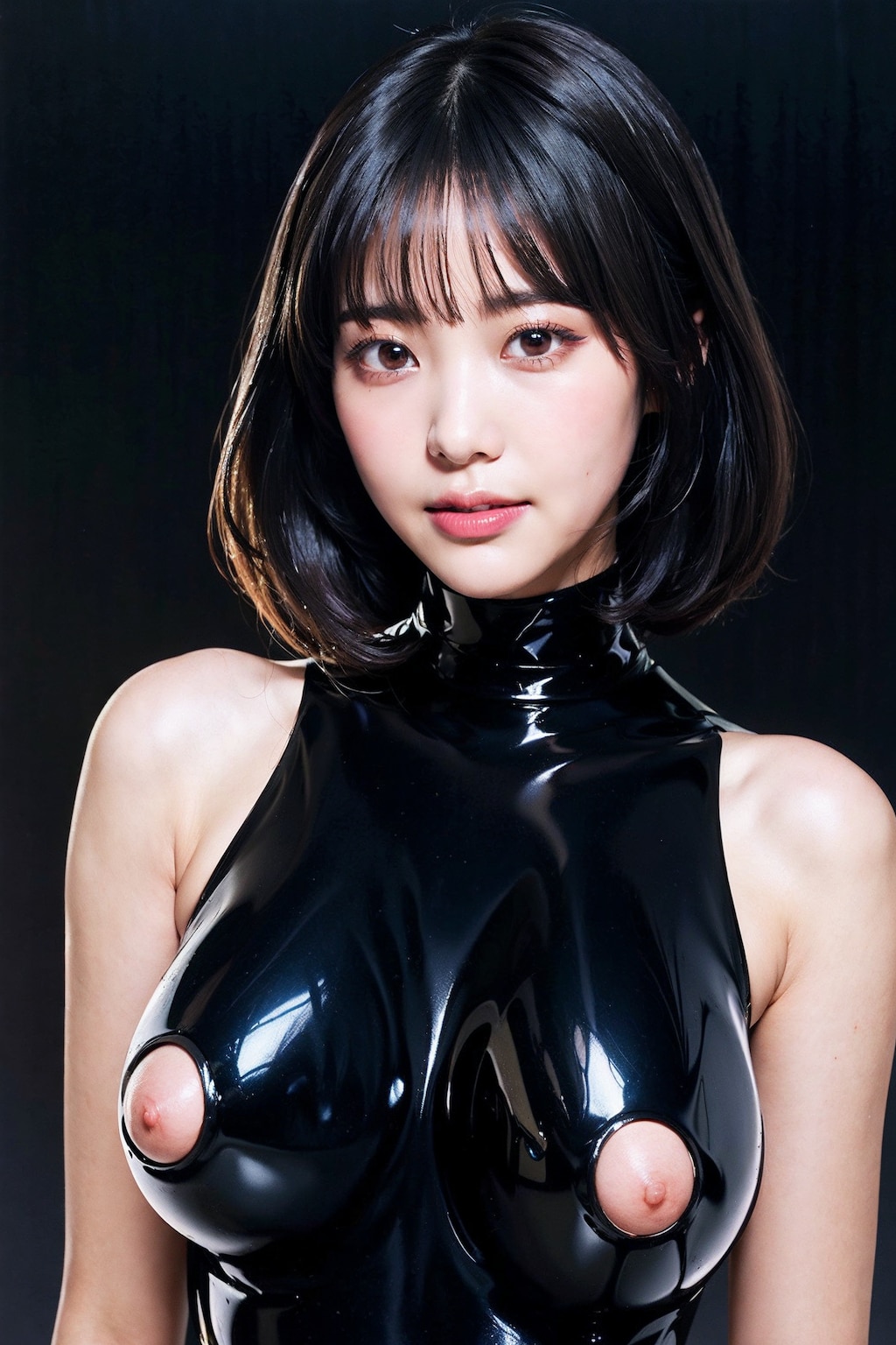 ラテックスボディースーツでポロリ　拡大版