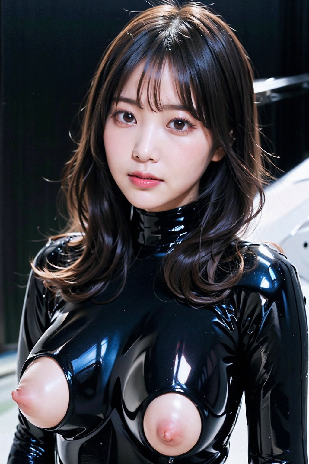 ラテックスボディースーツでポロリ　拡大版