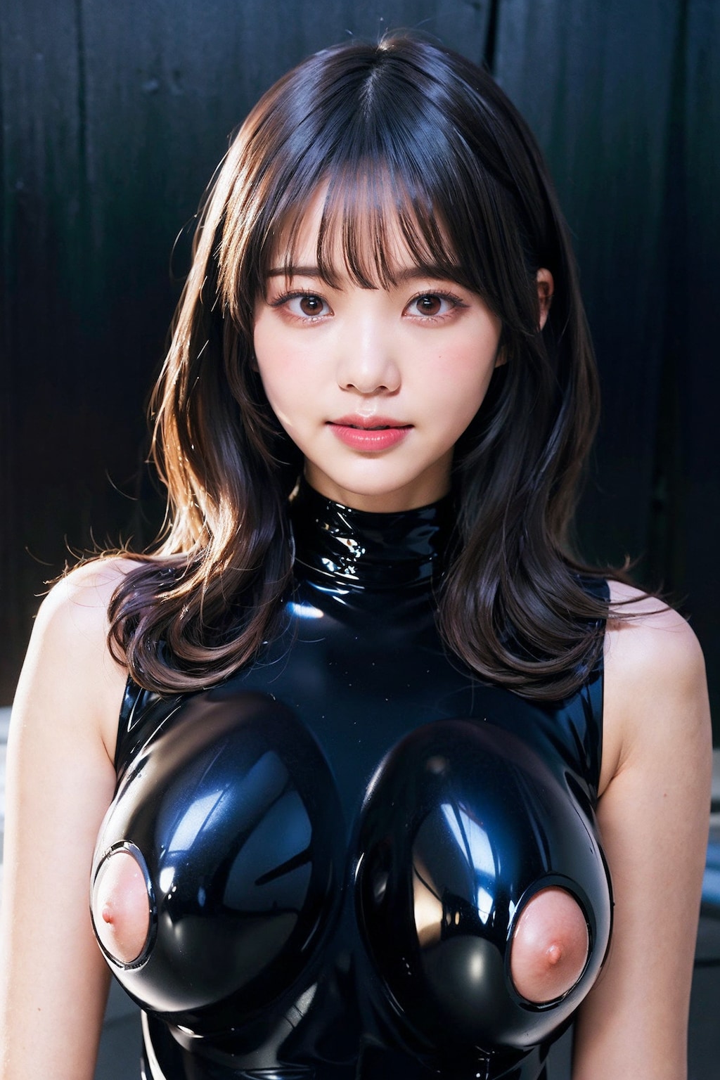 ラテックスボディースーツでポロリ　拡大版