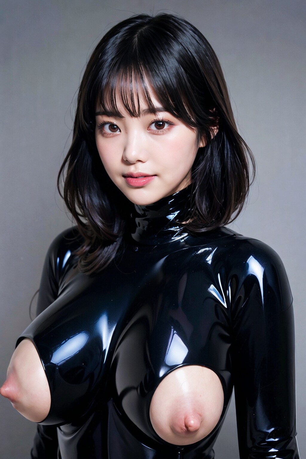 ラテックスボディースーツでポロリ　拡大版