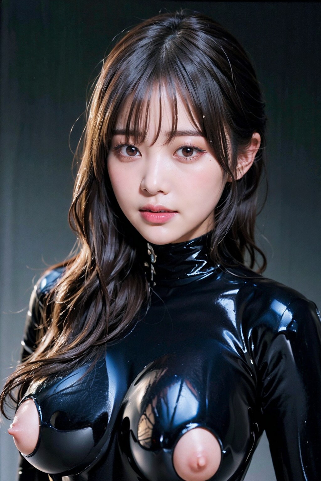 ラテックスボディースーツでポロリ　拡大版