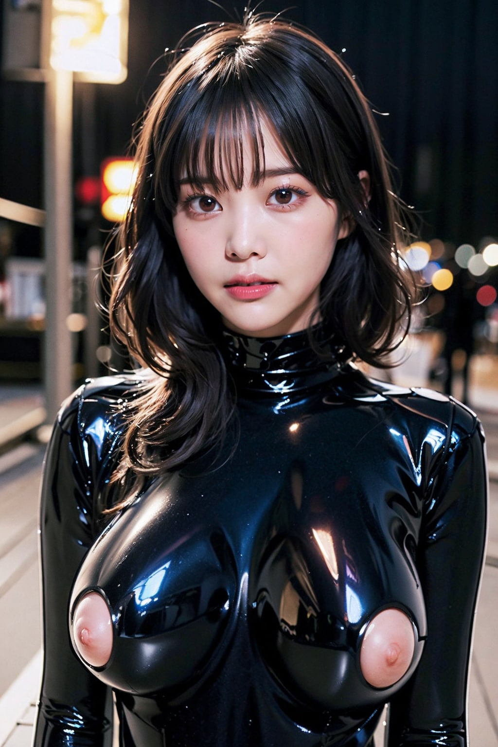 ラテックスボディースーツでポロリ　拡大版