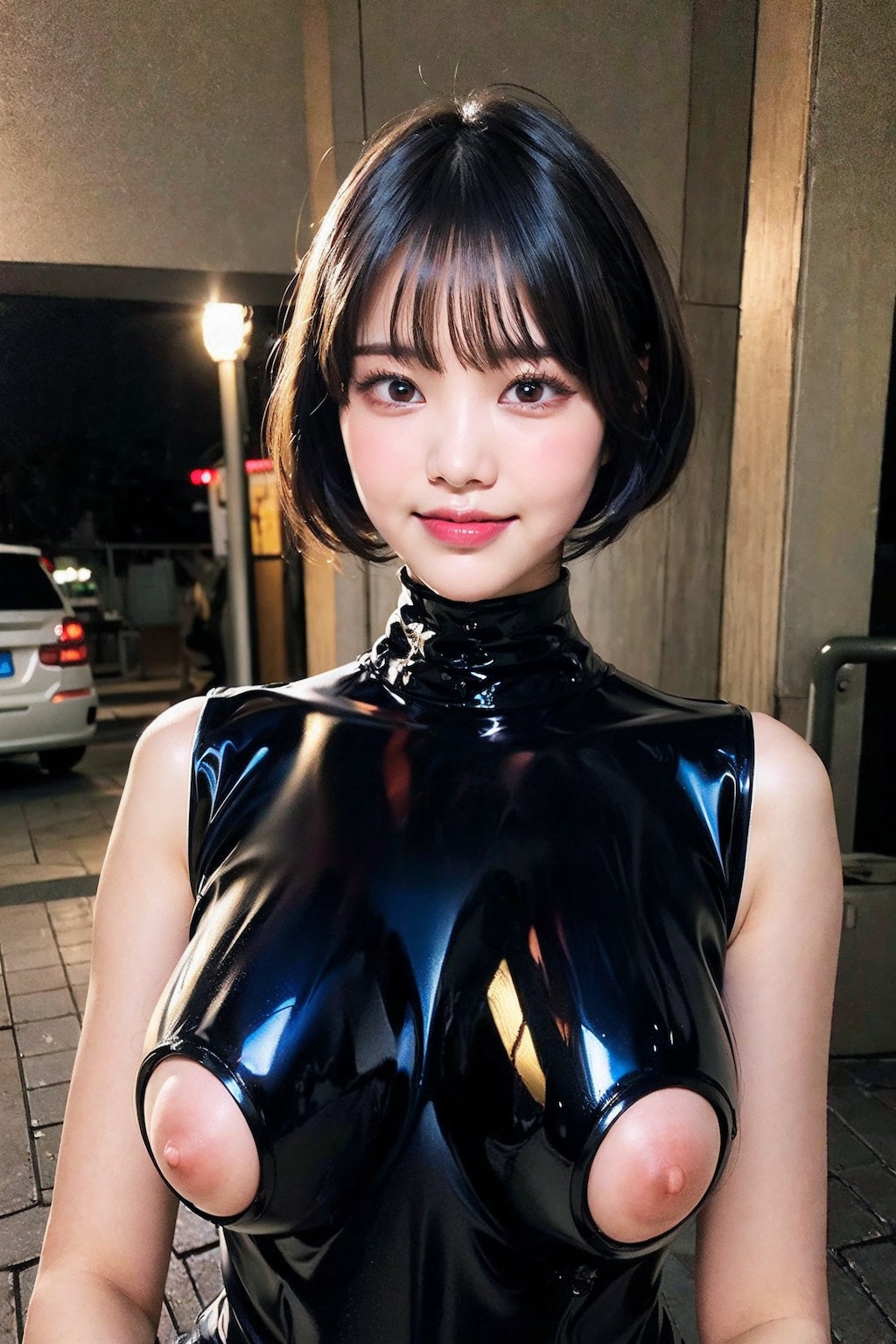 ラテックスボディースーツでポロリ　拡大版