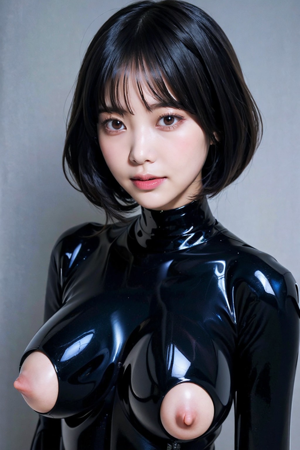 ラテックスボディースーツでポロリ　拡大版